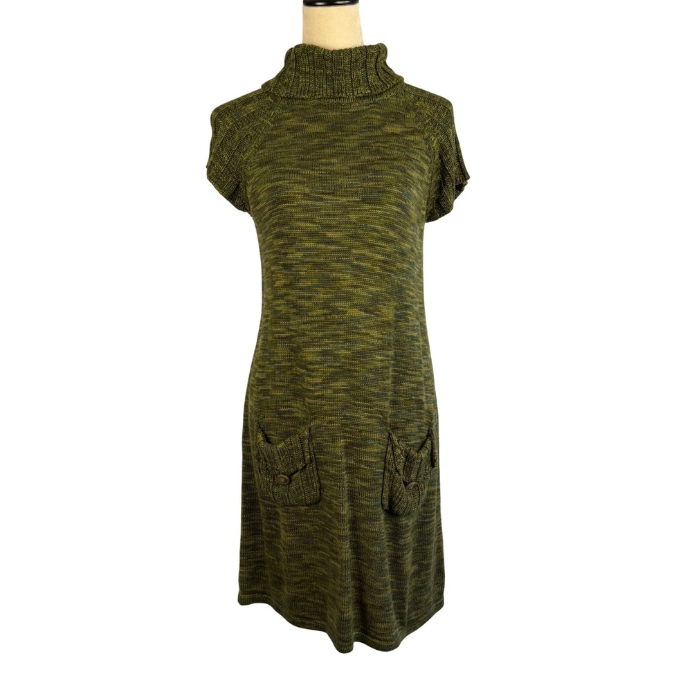 Olive Green Space Dye Turtleneck Sweater Dress Short Sleeve Small Casual‎